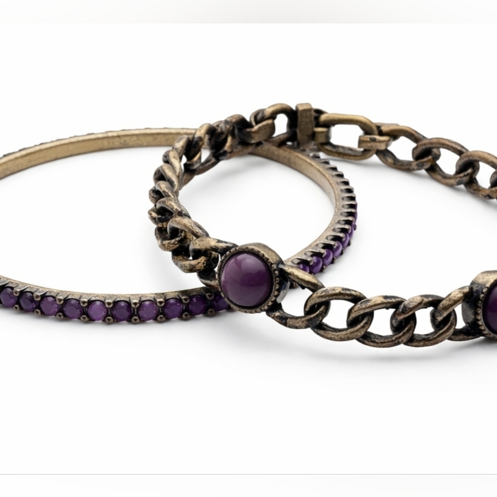 Vintage Purple Stone Bangle Set Boho Statement Bracelet Antique Brass